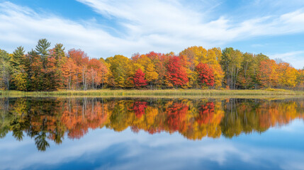 A beautiful autumn day with a calm lake reflecting colorful fall foliage, surrounded by trees in their peak autumn colors.