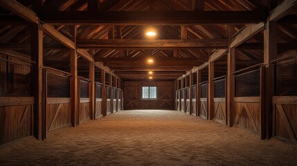 Rustic Wooden Stable Interior with Empty Stalls and Soft Lighting