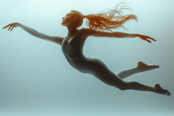 A dancer's silhouette captured mid-leap, the motion creating flowing lines in the air. Concept of dynamic movement and fluidity.