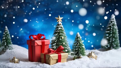 Christmas tree and gift boxes in the snow at night with shining Stars and a forest landscape.