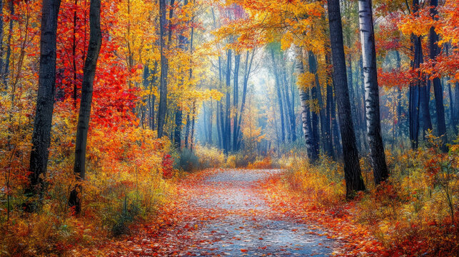 An autumn forest with a pathway covered in a blanket of colorful leaves, leading through tall trees with brilliant fall foliage.