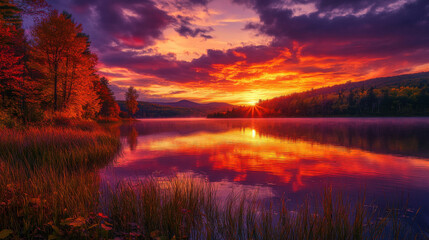 Obraz premium A beautiful autumn sunset over a tranquil lake, with the sky reflecting shades of orange, red, and purple.