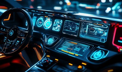 Futuristic Car Interior with Digital Displays and Neon Lights