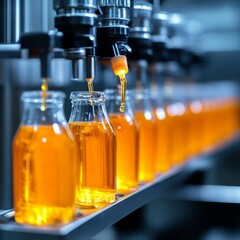 Automated bottling line filling glass bottles with golden liquid.