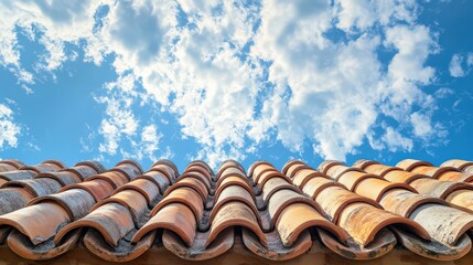 Upward View of Weathered Clay Tile Roof against Blue Sky