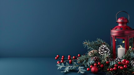 Merry Christmas and New Year. Festive composition. Beautiful dark Christmas design. Red Christmas lantern against a background of fir branches, shiny gold balls, confetti and baubles.