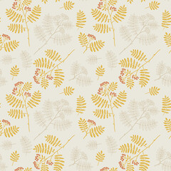 Fall seamless pattern with rowan and leaves. Graphic background with autumn branch. Hand drawn repetitive illustration and wallpaper art.