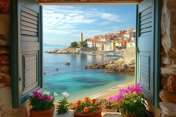 Looking through windows with shutters at the sandy beach and the city © kenkuza