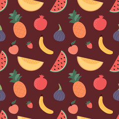 Fruit and berry background, abstract food, seamless pattern. Fresh fruit wallpaper with long watermelon, dynamite, fig, strawberry, texts icons. Vegetarian food vector illustration. EPS10.