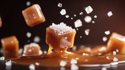 Indulge in these exquisite and delightful salted caramel candy cubes, elegantly levitating atop a pool of luscious syrup, making them a perfect choice for all dessert lovers to enjoy and savor