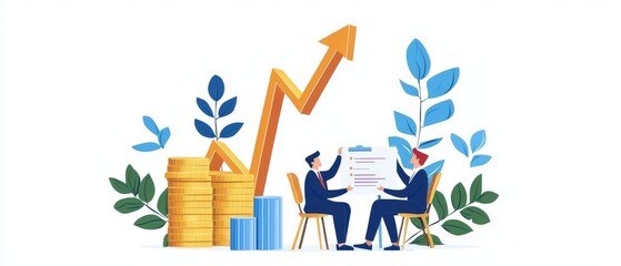 Businesspeople discussing financial growth with coins and arrow.