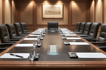 The boardroom table is set up for the meeting