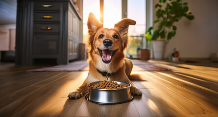 A cheerful dog eating from a bowl of dog food, wagging its tail excitedly. The dog is on a clean floor. The food bowl is full of kibble, and the dog is enjoying its meal, Generative AI