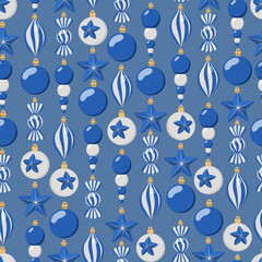 Christmas seamless background. Blue and white Christmas tree decorations on a blue background. Pattern for wrapping paper, fabric and cards.