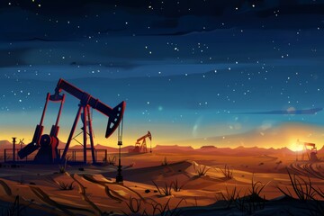 Fototapeta premium Nighttime view of the oil industry in a sandy desert landscape beneath a dark sky