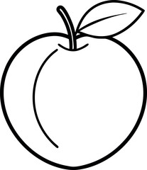 Simple Black and White Outline Drawing of a Single Peach with Leaf on White Background