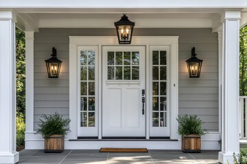 Elegant Front Porch with White Door and Black Lantern Lights