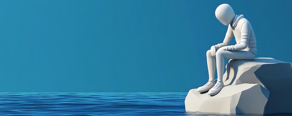 A solitary figure sitting on a rock, contemplating by the tranquil water, evoking feelings of introspection and solitude.