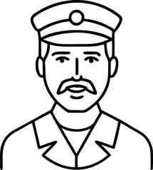 Minimalistic Line Art Illustration of a Male Police Officer with Cap and Mustache