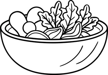 Black And White Illustration of a Fresh Salad Bowl with Leafy Greens and Vegetables
