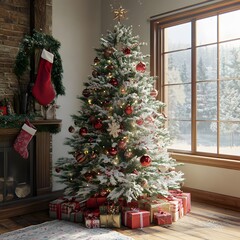 Luxurious decorated christmas tree with many colorful gifts