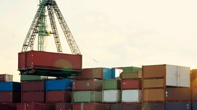Port containers huge harbor cargo load container dock ship transportation crane unloading shipment international distribution export import trade sea ocean transport in the bay naval vessel rotterdam