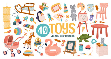Set of 40 cute plush and plastic toys for kids. Chalkboard, car, pram, tablet, books, ball, musical instruments, cubes for preschool boys and girls. Isolated flat vector illustrations on white.