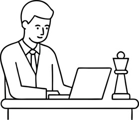 Businessman Working on Laptop with Chess Pawn Symbolizing Strategy and Leadership