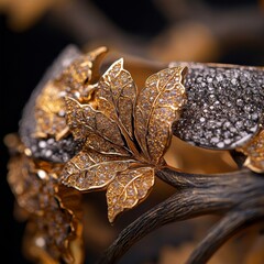 Fototapeta premium Close-up of a gold leaf design with delicate diamond accents. The intricate detail of the jewelry piece is highlighted against a dark background.