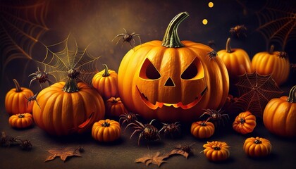 Fototapeta premium mini pumpkins, spiders and cobwebs on dark gloomy background, halloween banner and sign concept
