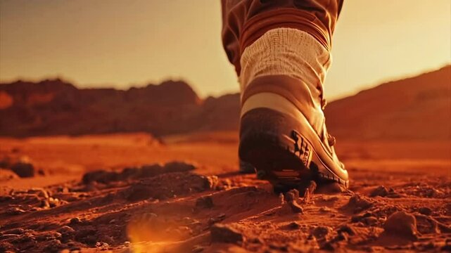Macro close-up of an astronauts boots walking on the red dusty surface of the planet Mars at dawn.