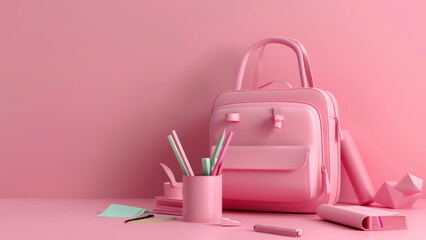 Red backpack filled with school supplies on a matching red background