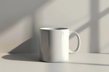 Obraz premium A plain white coffee mug sits on a minimalist surface, softly illuminated by natural light, casting gentle shadows.
