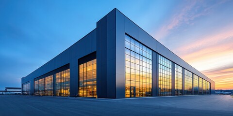 Modern Warehouse with Glass Windows at Sunset