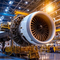 Close-up of a large jet engine in a factory setting, with a blurred background of the assembly line.