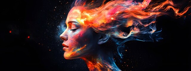 A beautiful woman's head is made of colorful paint, with a dark background and black space around her head