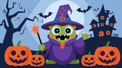 Cute Wizard Monster Halloween with Pumpkins and Haunted House