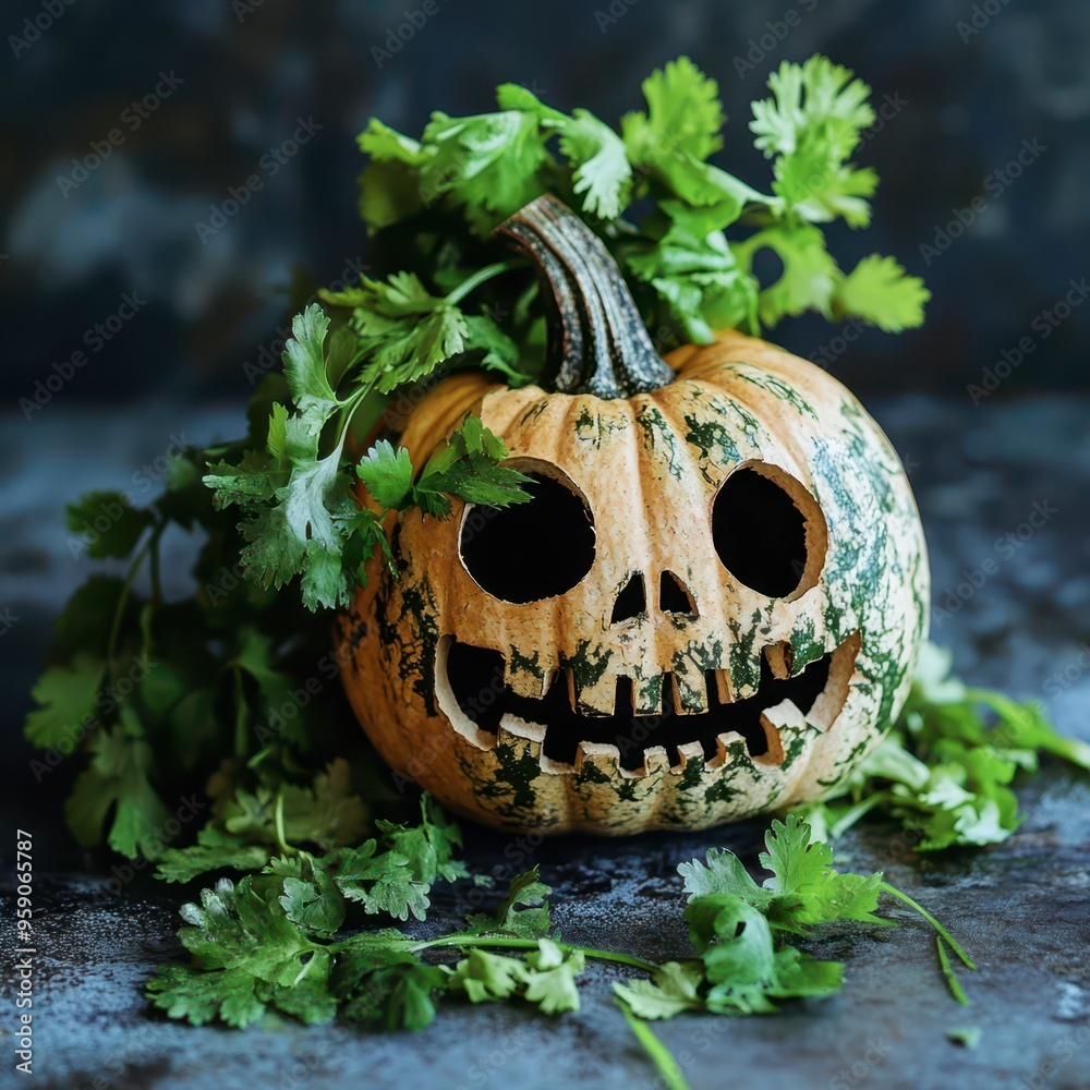 Poster Whimsical pumpkin adorned with fresh cilantro for autumn festivities