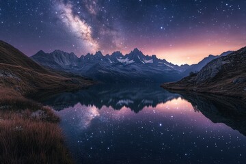 Starry night sky reflected in calm mountain lake.