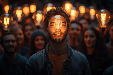 A young entrepreneur confidently presenting a groundbreaking idea, surrounded by an enthusiastic audience. Concept of innovation and contagious enthusiasm.