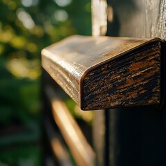 Close-up of a rustic wooden shelf mounted on a black wall. The shelf is made from reclaimed wood and has a natural, weathered finish.