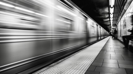 Blurred motion of a subway train arriving at a station in black and white.