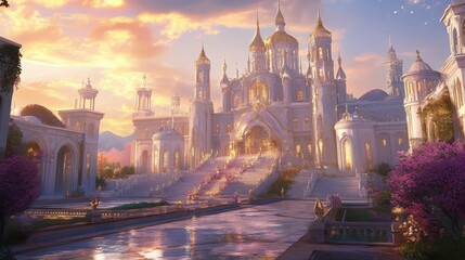 Obraz premium A large, ornate castle at sunset with a moat.