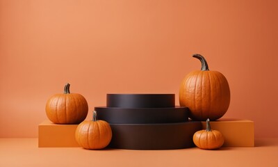 Cutting-edge minimalistic black podium at pale orange backdrop with Halloween pumpkins decor. Minimalist autumn podium with copy space for modern product display or Thanksgiving day promotion visuals.