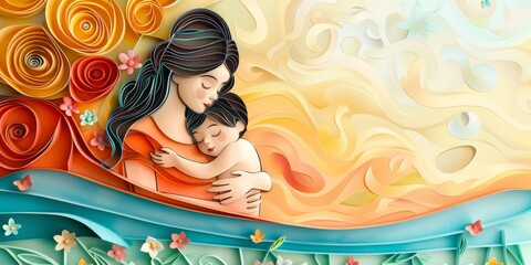 Naklejka premium Abstract quilling art of European mother and son, perfect for Mother's Day, Children's Day, spring background, banner