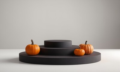 Empty black cylinder dais with pumpkin decor on pale grey minimalistic background. Black and orange color combination. Art installation perfect for Halloween or Thanksgiving product presentation.
