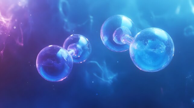 Oxygen Molecule: A pair of oxygen atoms forming an O2 molecule, connected by a double bond, floating in a blue-tinted space with a sense of movement. 
