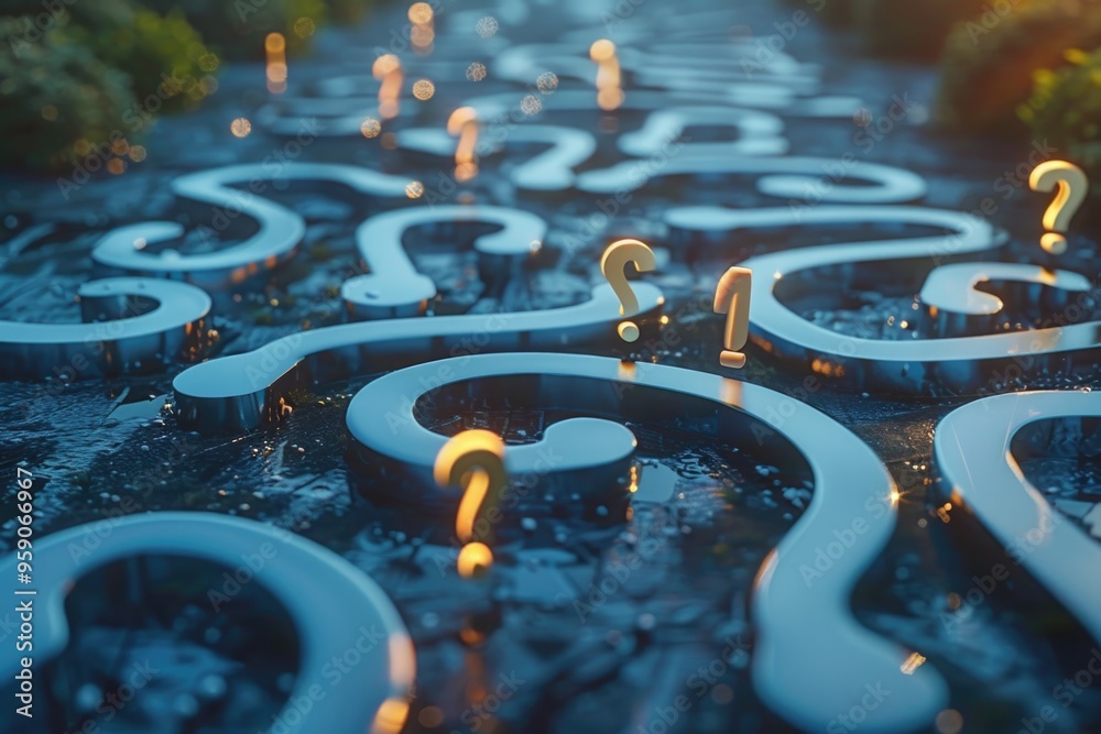 Poster A path with question marks in the background, suitable for use in illustrations or designs where uncertainty is a theme