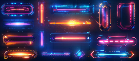 A collection of colorful LED light borders in various shapes and sizes, vividly glowing against a deep blue background, perfect for a futuristic game design setting.