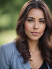 Obraz premium Close-up portrait of a woman with long brown hair, wearing a blue blazer, looking directly at the camera with a soft smile.